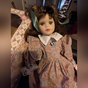 Floral Dress Porcelain Doll with Brown Hair